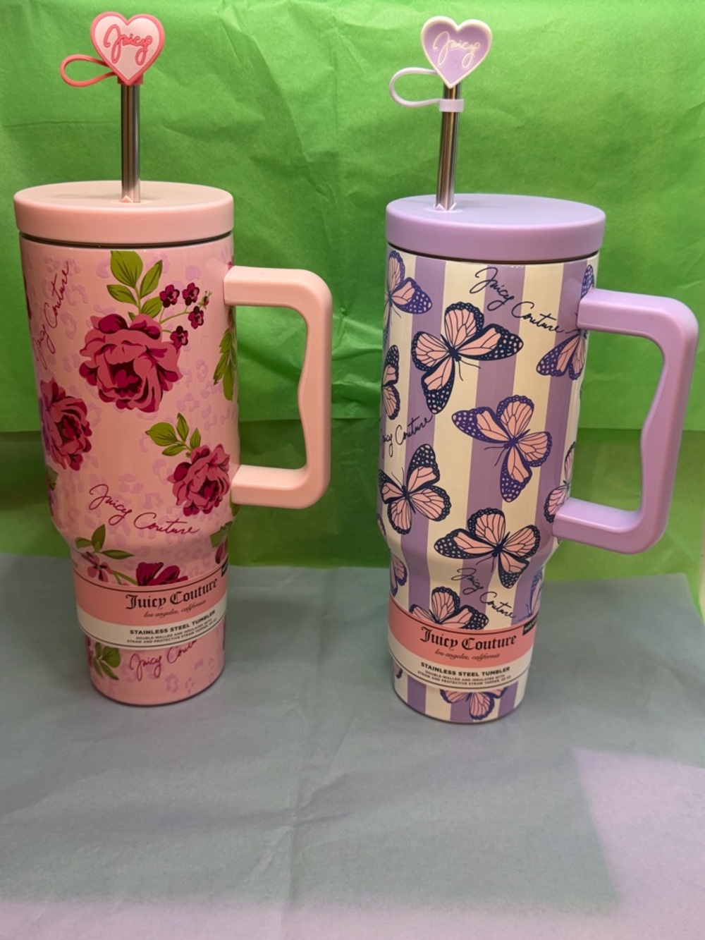 Set of 2 Juicy Couture Pink Floral & Lavender Butterfly 40oz Tumblers